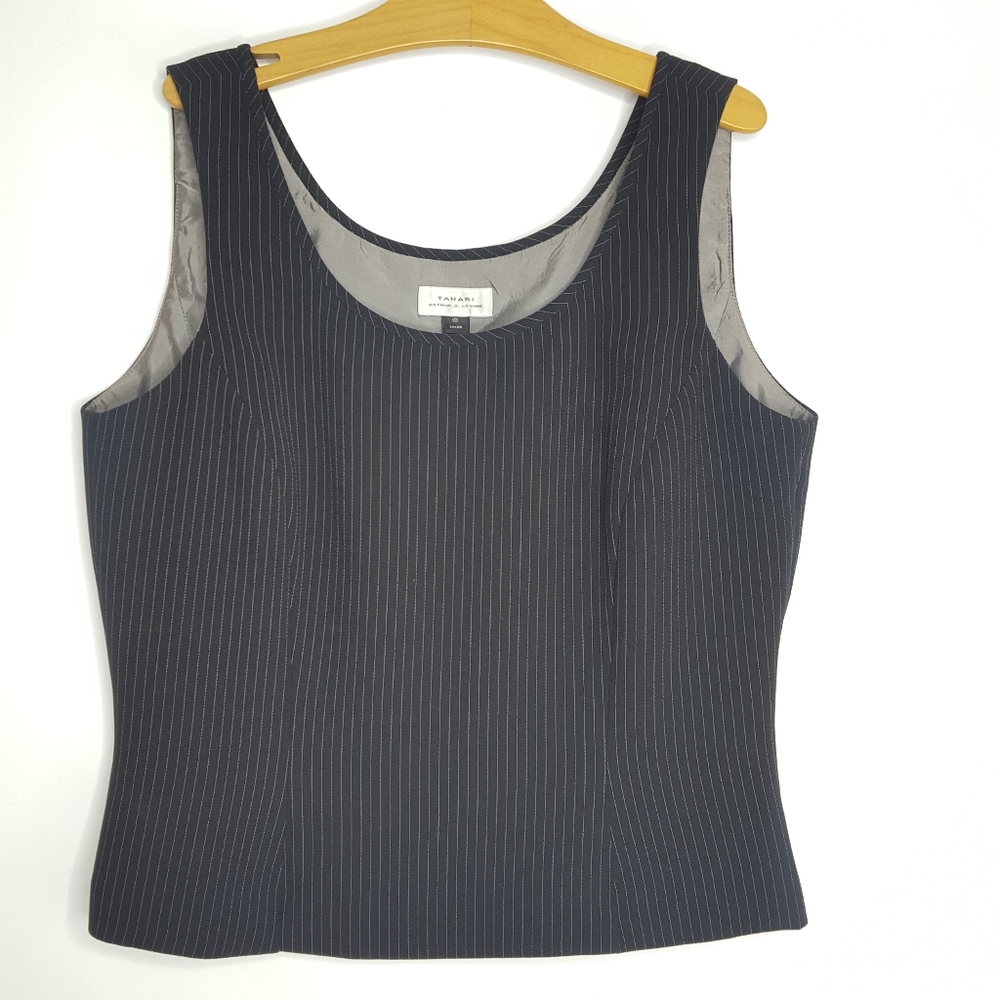Tahari Sz 10 Black Pinstripe Sleeveless Top